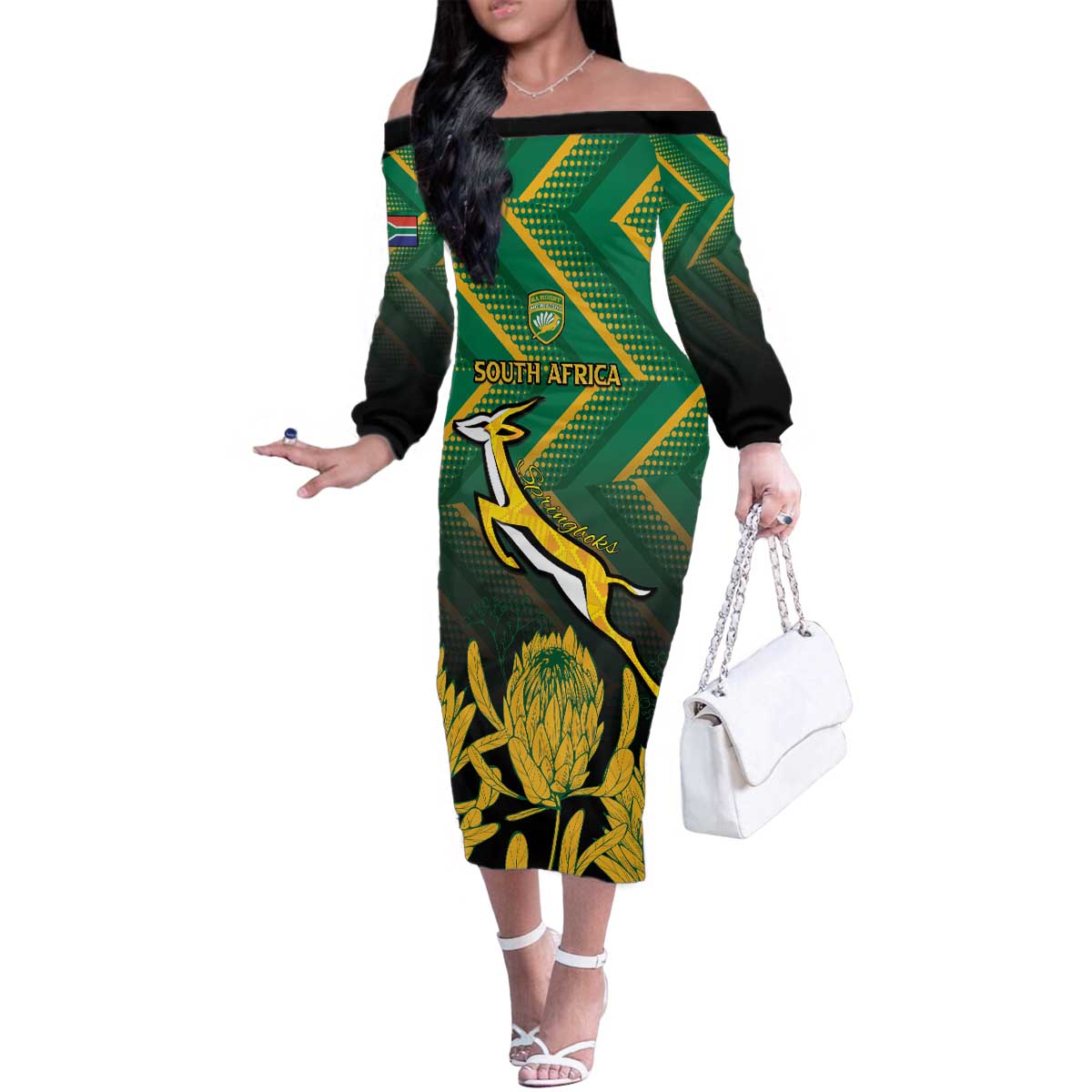 South Africa Rugby Custom Family Matching Off The Shoulder Long Sleeve Dress and Hawaiian Shirt Forever Green Forever Gold