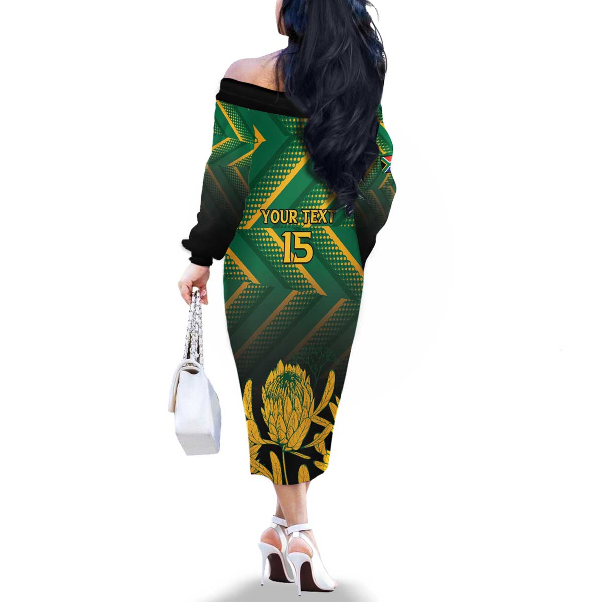 South Africa Rugby Custom Family Matching Off The Shoulder Long Sleeve Dress and Hawaiian Shirt Forever Green Forever Gold