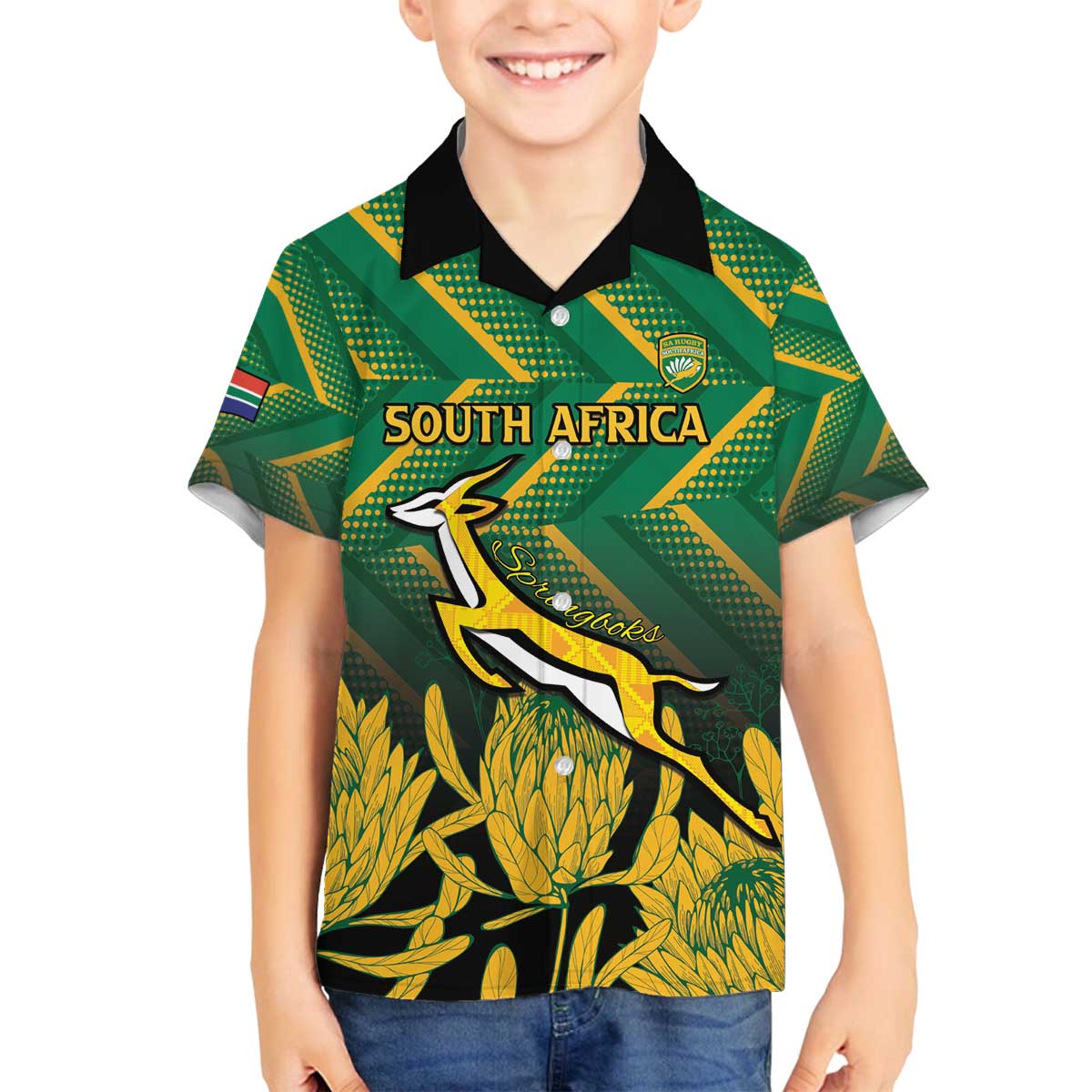 South Africa Rugby Custom Family Matching Off The Shoulder Long Sleeve Dress and Hawaiian Shirt Forever Green Forever Gold