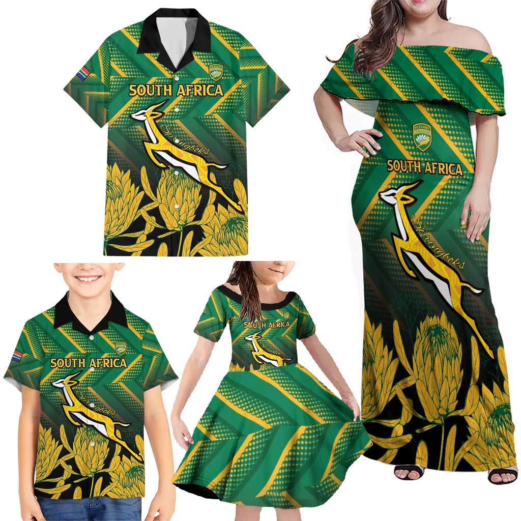 South Africa Rugby Custom Family Matching Off Shoulder Maxi Dress and Hawaiian Shirt Forever Green Forever Gold