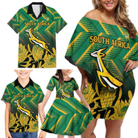 South Africa Rugby Custom Family Matching Off Shoulder Short Dress and Hawaiian Shirt Forever Green Forever Gold