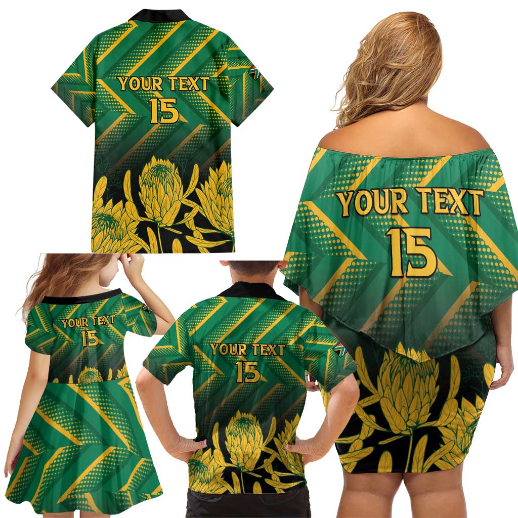 South Africa Rugby Custom Family Matching Off Shoulder Short Dress and Hawaiian Shirt Forever Green Forever Gold