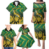 South Africa Rugby Custom Family Matching Puletasi and Hawaiian Shirt Forever Green Forever Gold