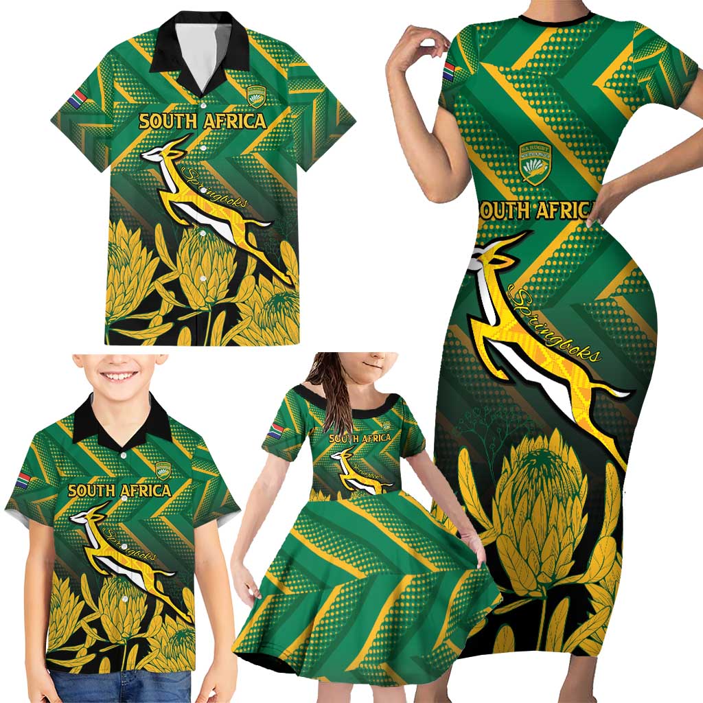 South Africa Rugby Custom Family Matching Short Sleeve Bodycon Dress and Hawaiian Shirt Forever Green Forever Gold