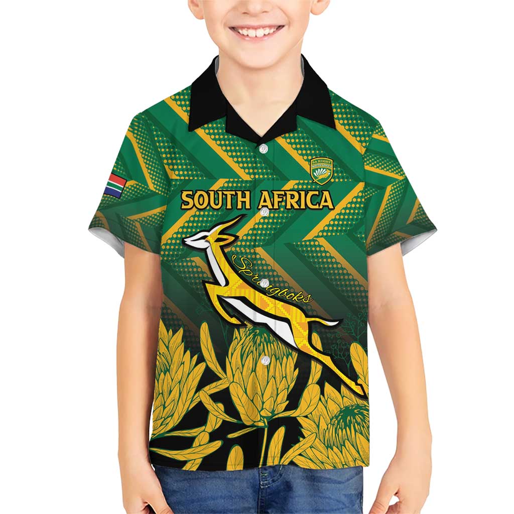 South Africa Rugby Custom Family Matching Short Sleeve Bodycon Dress and Hawaiian Shirt Forever Green Forever Gold