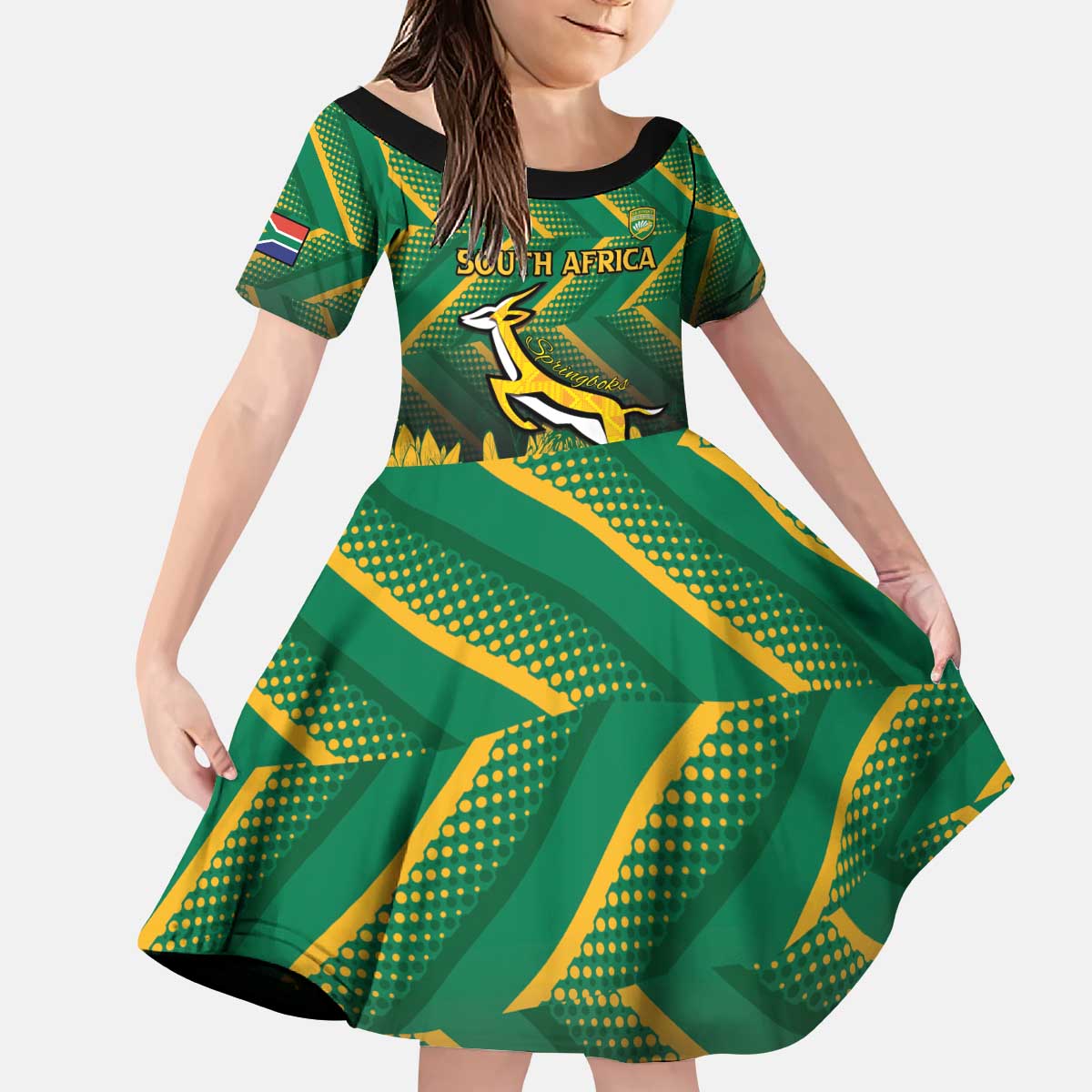 South Africa Rugby Custom Kid Short Sleeve Dress Forever Green Forever Gold