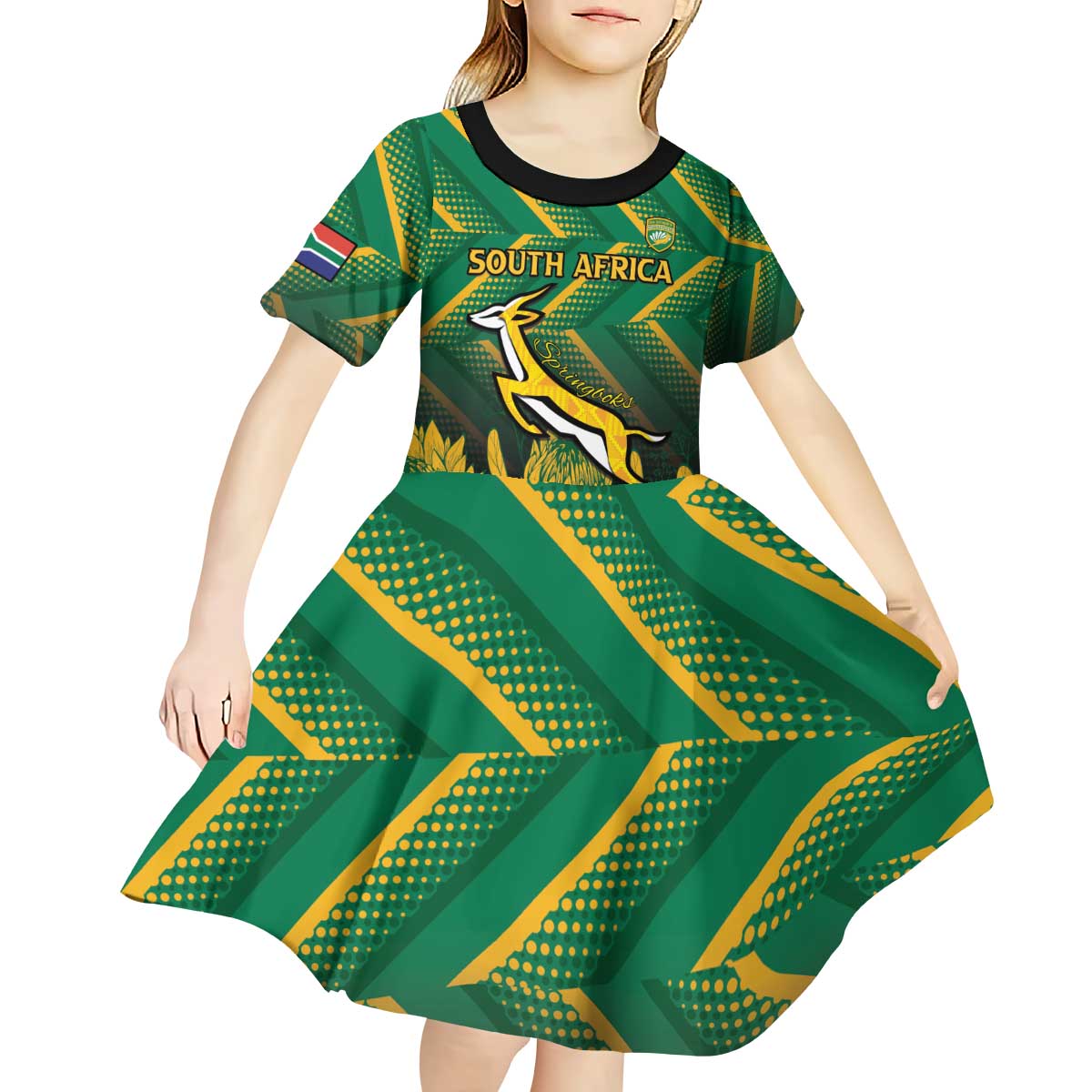 South Africa Rugby Custom Kid Short Sleeve Dress Forever Green Forever Gold