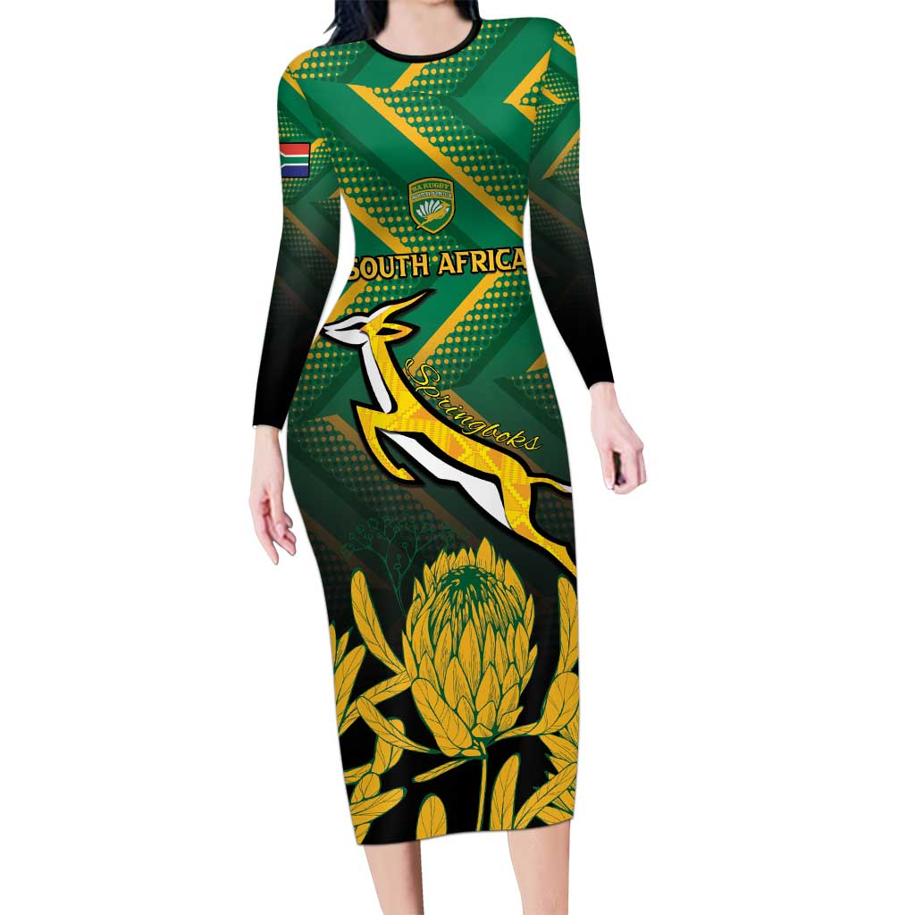 South Africa Rugby Custom Long Sleeve Bodycon Dress Forever Green Forever Gold