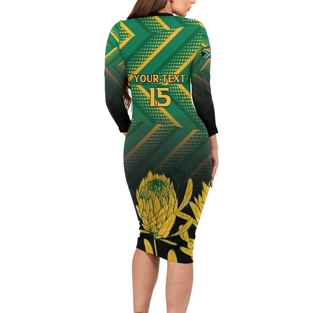 South Africa Rugby Custom Long Sleeve Bodycon Dress Forever Green Forever Gold