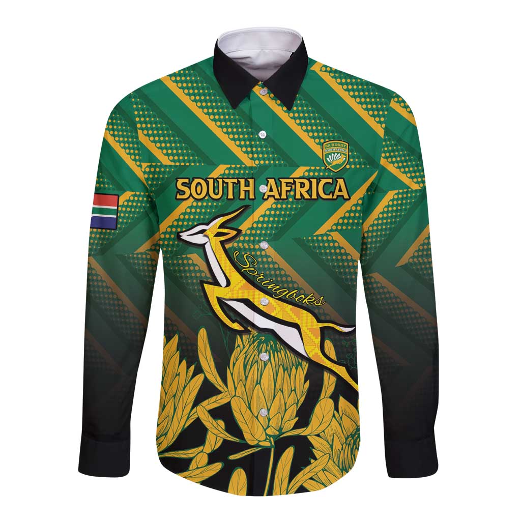 South Africa Rugby Custom Long Sleeve Button Shirt Forever Green Forever Gold