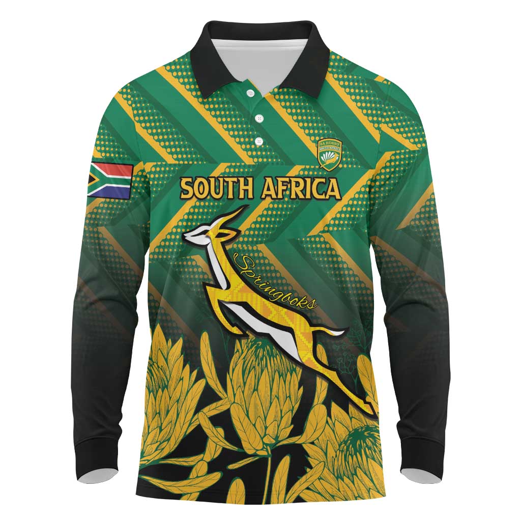 South Africa Rugby Custom Long Sleeve Polo Shirt Forever Green Forever Gold