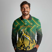 South Africa Rugby Custom Long Sleeve Polo Shirt Forever Green Forever Gold