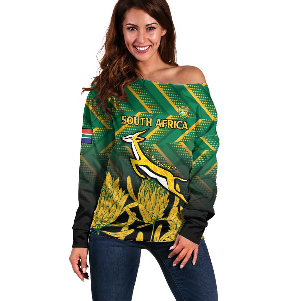 South Africa Rugby Custom Off Shoulder Sweater Forever Green Forever Gold