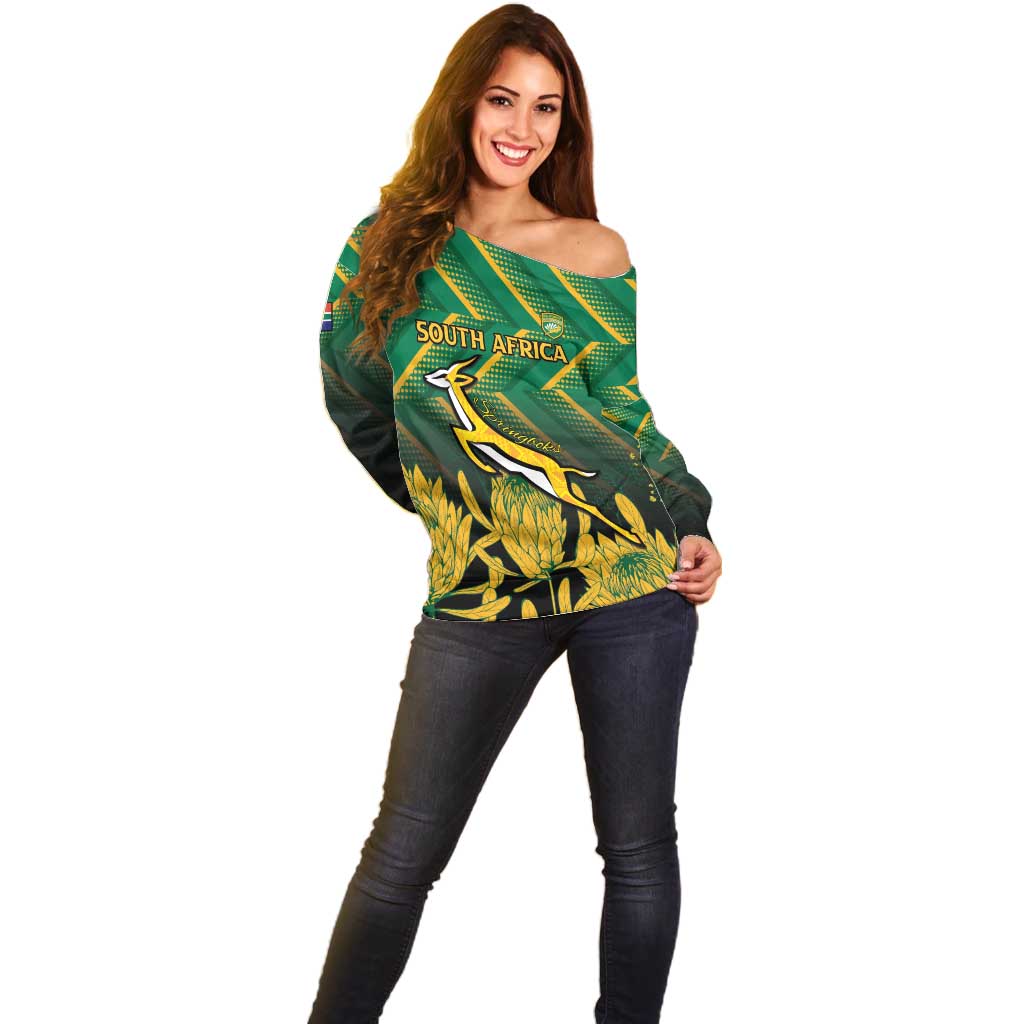 South Africa Rugby Custom Off Shoulder Sweater Forever Green Forever Gold