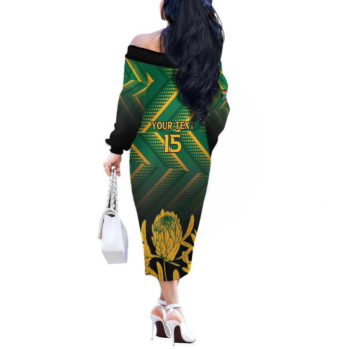 South Africa Rugby Custom Off The Shoulder Long Sleeve Dress Forever Green Forever Gold