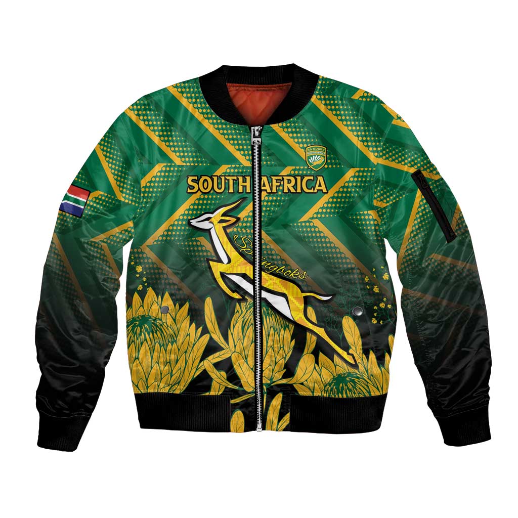 South Africa Rugby Custom Sleeve Zip Bomber Jacket Forever Green Forever Gold