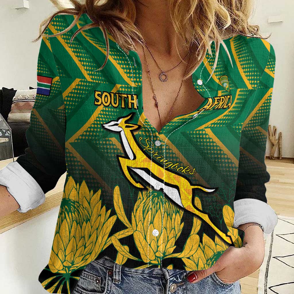 South Africa Rugby Custom Women Casual Shirt Forever Green Forever Gold