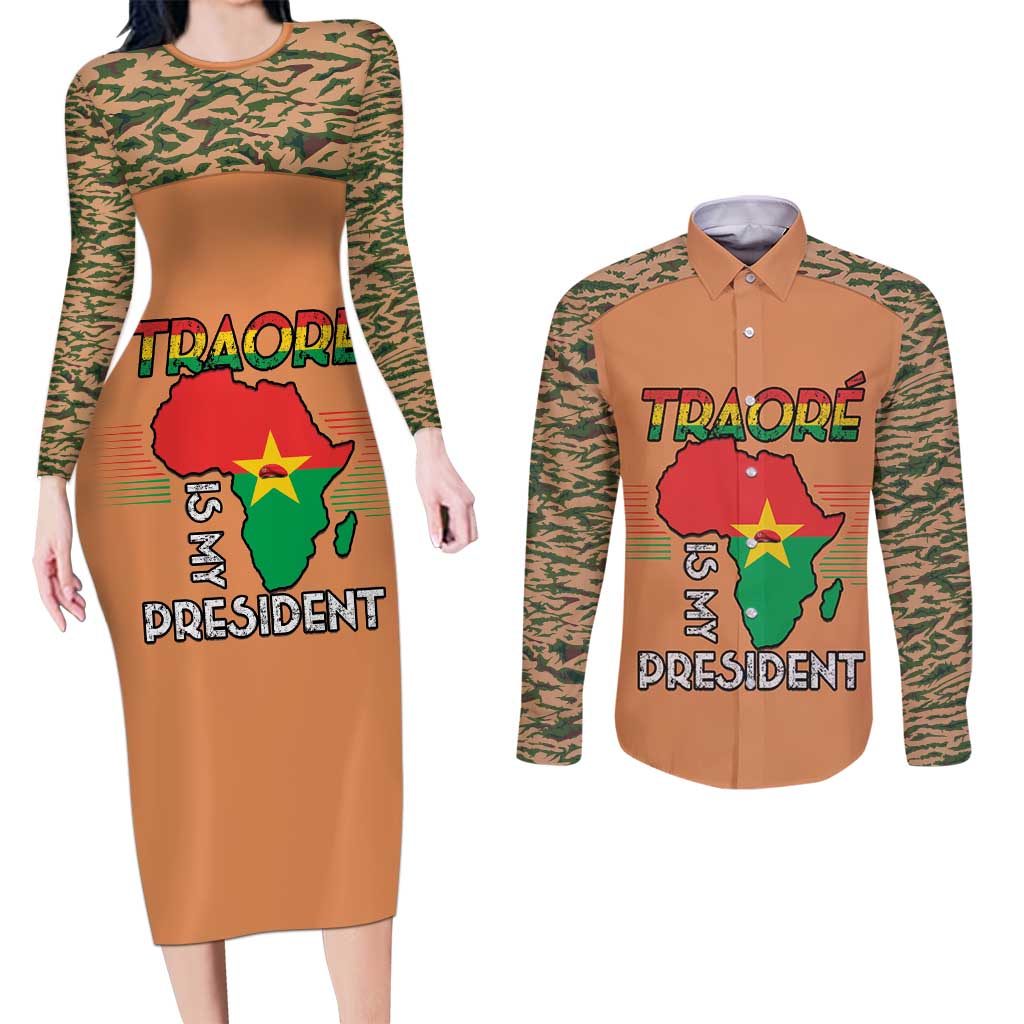 Africa in Solidarity with Traore Couples Matching Long Sleeve Bodycon Dress and Long Sleeve Button Shirt Africa For Africans