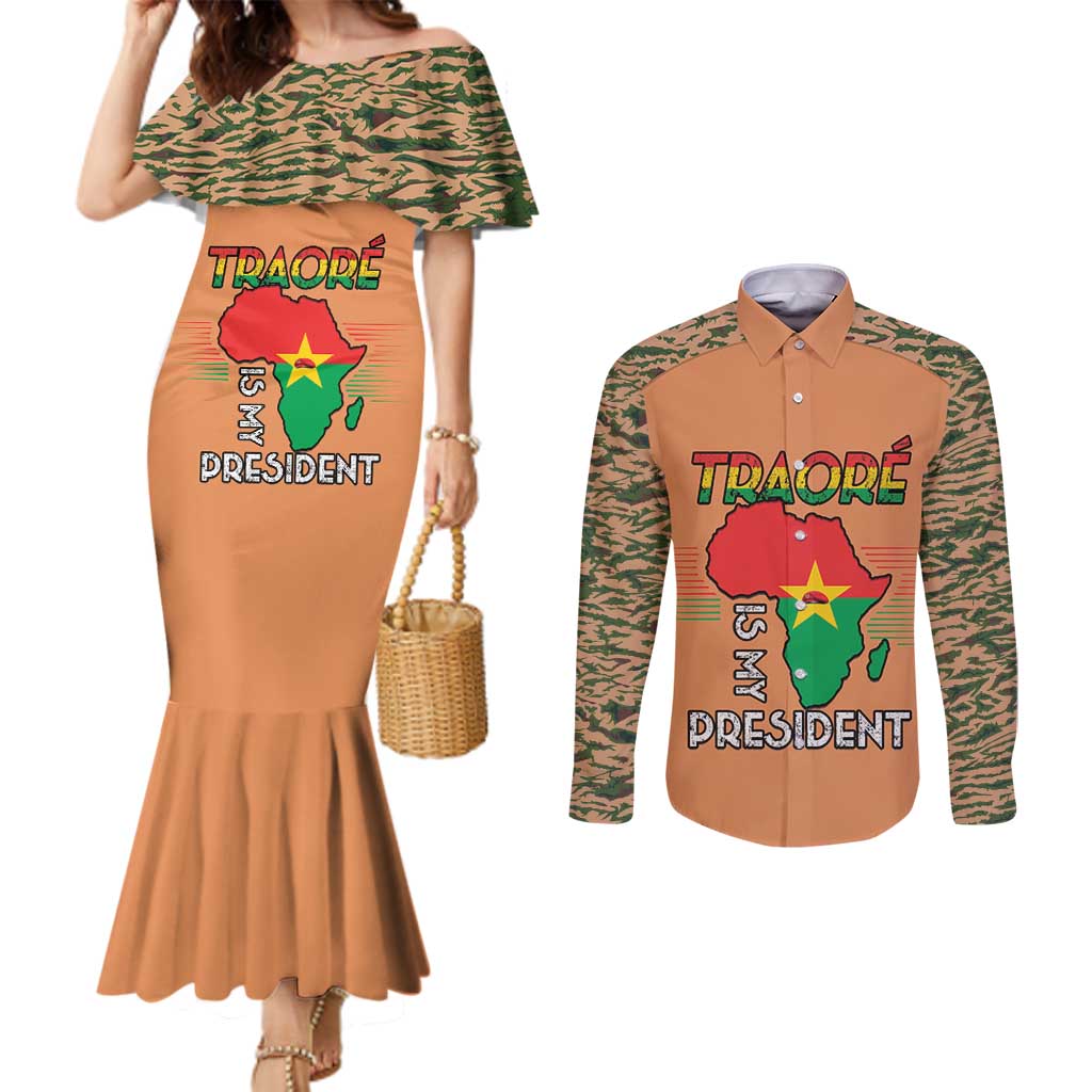 Africa in Solidarity with Traore Couples Matching Mermaid Dress and Long Sleeve Button Shirt Africa For Africans