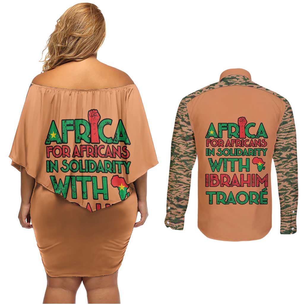 Africa in Solidarity with Traore Couples Matching Off Shoulder Short Dress and Long Sleeve Button Shirt Africa For Africans