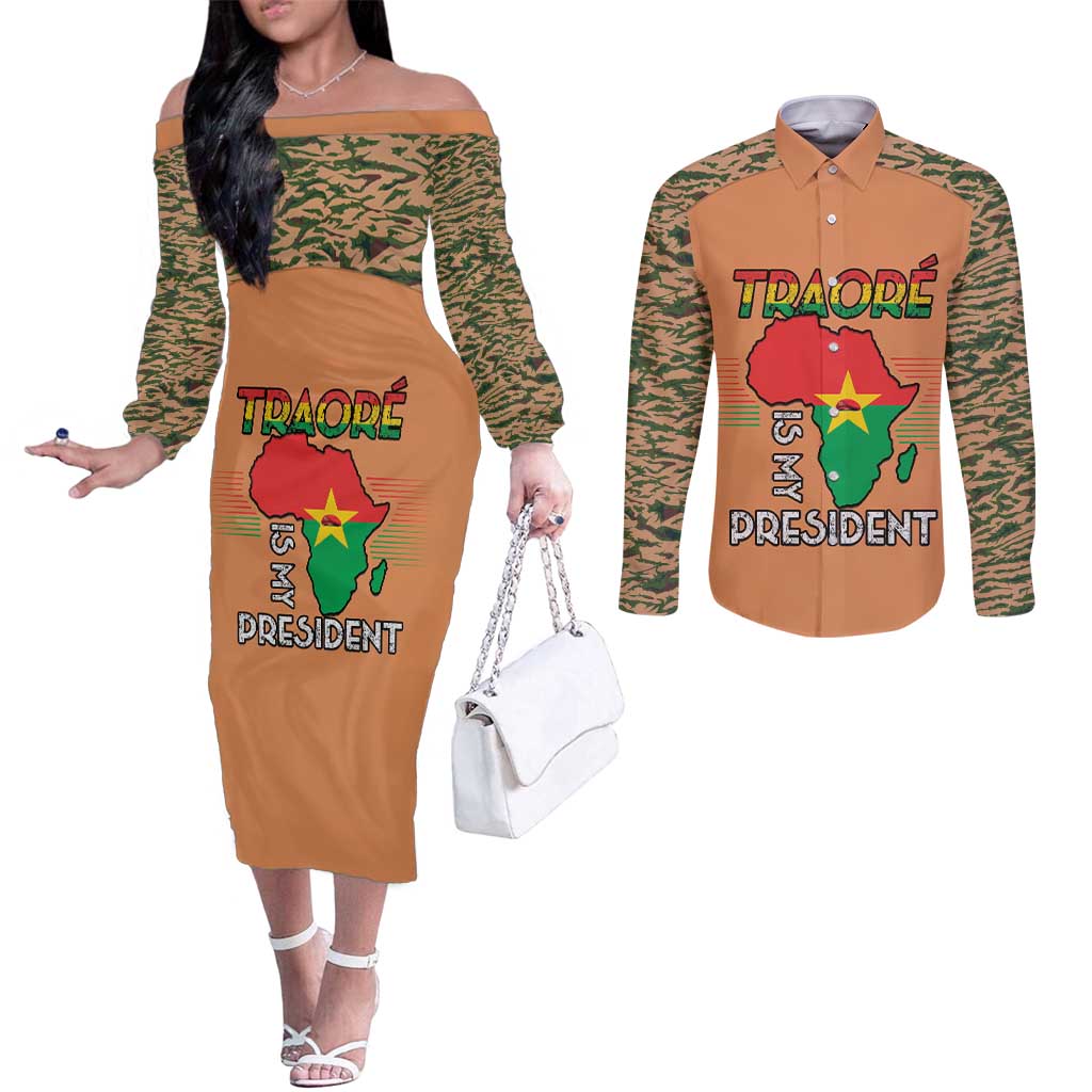 Africa in Solidarity with Traore Couples Matching Off The Shoulder Long Sleeve Dress and Long Sleeve Button Shirt Africa For Africans