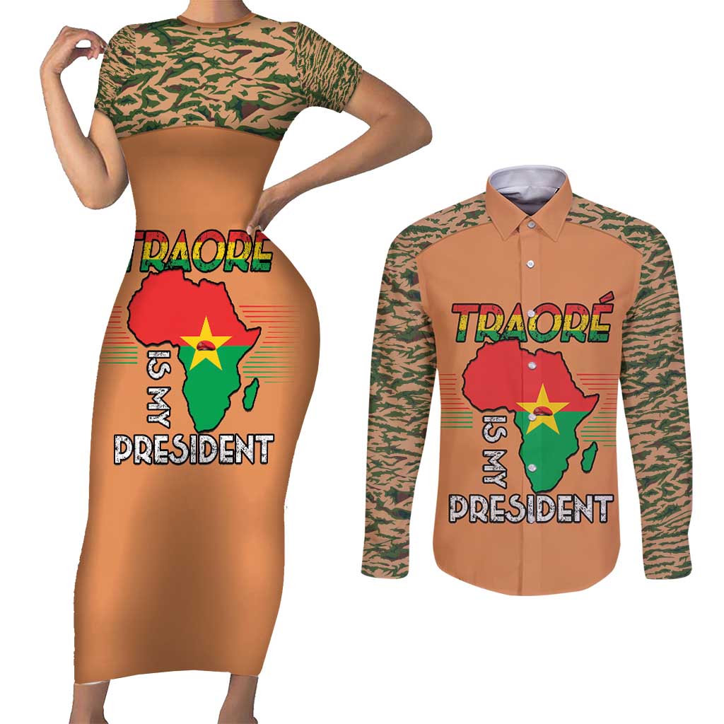 Africa in Solidarity with Traore Couples Matching Short Sleeve Bodycon Dress and Long Sleeve Button Shirt Africa For Africans