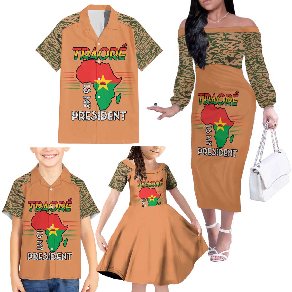 Africa in Solidarity with Traore Family Matching Off The Shoulder Long Sleeve Dress and Hawaiian Shirt Africa For Africans
