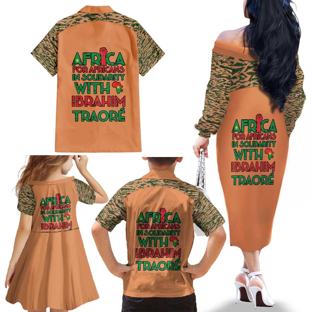 Africa in Solidarity with Traore Family Matching Off The Shoulder Long Sleeve Dress and Hawaiian Shirt Africa For Africans