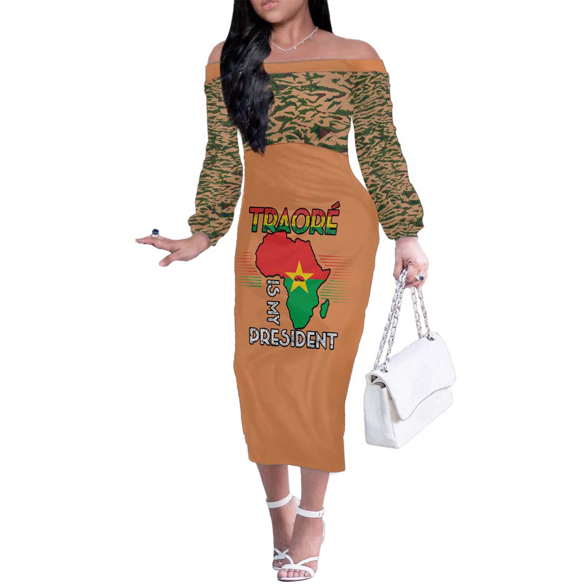 Africa in Solidarity with Traore Family Matching Off The Shoulder Long Sleeve Dress and Hawaiian Shirt Africa For Africans