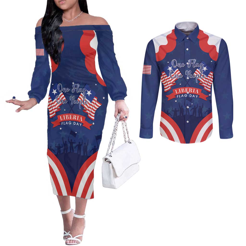 Personalized Happy Liberia Flag Day Couples Matching Off The Shoulder Long Sleeve Dress and Long Sleeve Button Shirt One Flag One People - Wonder Print Shop