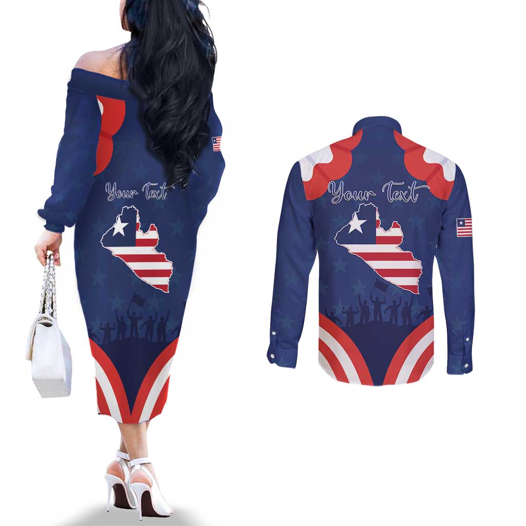 Personalized Happy Liberia Flag Day Couples Matching Off The Shoulder Long Sleeve Dress and Long Sleeve Button Shirt One Flag One People - Wonder Print Shop