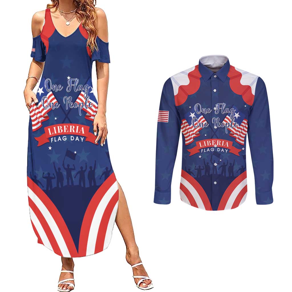 Personalized Happy Liberia Flag Day Couples Matching Summer Maxi Dress and Long Sleeve Button Shirt One Flag One People - Wonder Print Shop