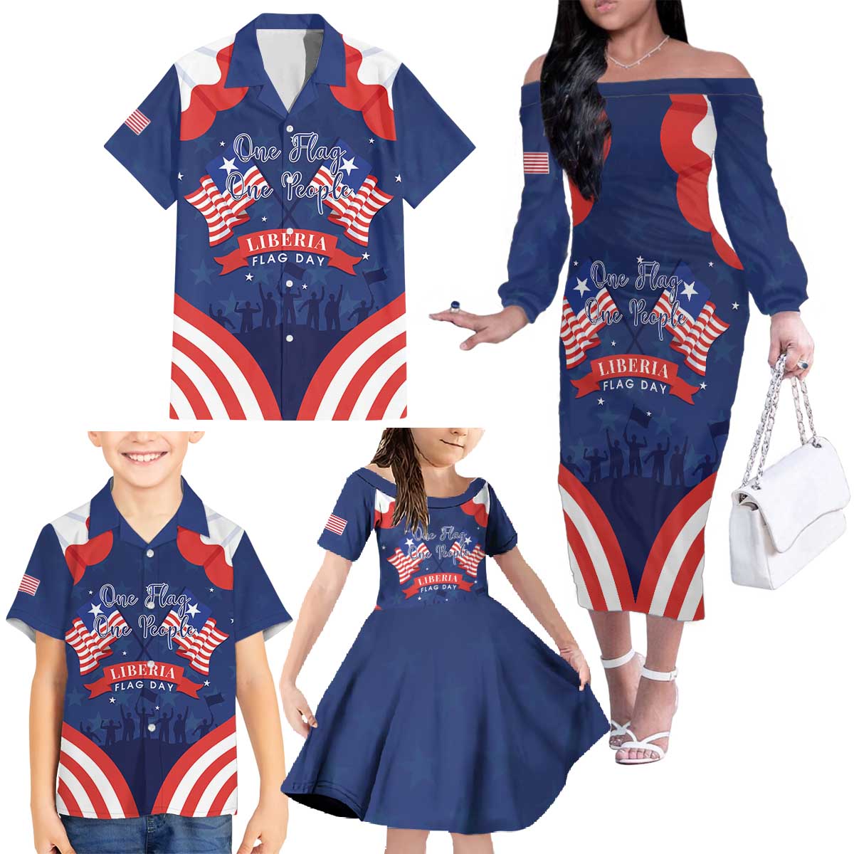 Personalized Happy Liberia Flag Day Family Matching Off The Shoulder Long Sleeve Dress and Hawaiian Shirt One Flag One People - Wonder Print Shop