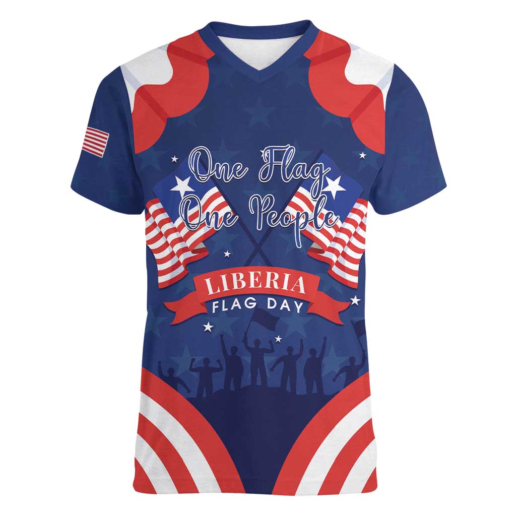 Personalized Happy Liberia Flag Day Women V-Neck T-Shirt One Flag One People - Wonder Print Shop