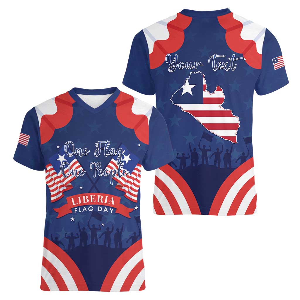 Personalized Happy Liberia Flag Day Women V-Neck T-Shirt One Flag One People - Wonder Print Shop