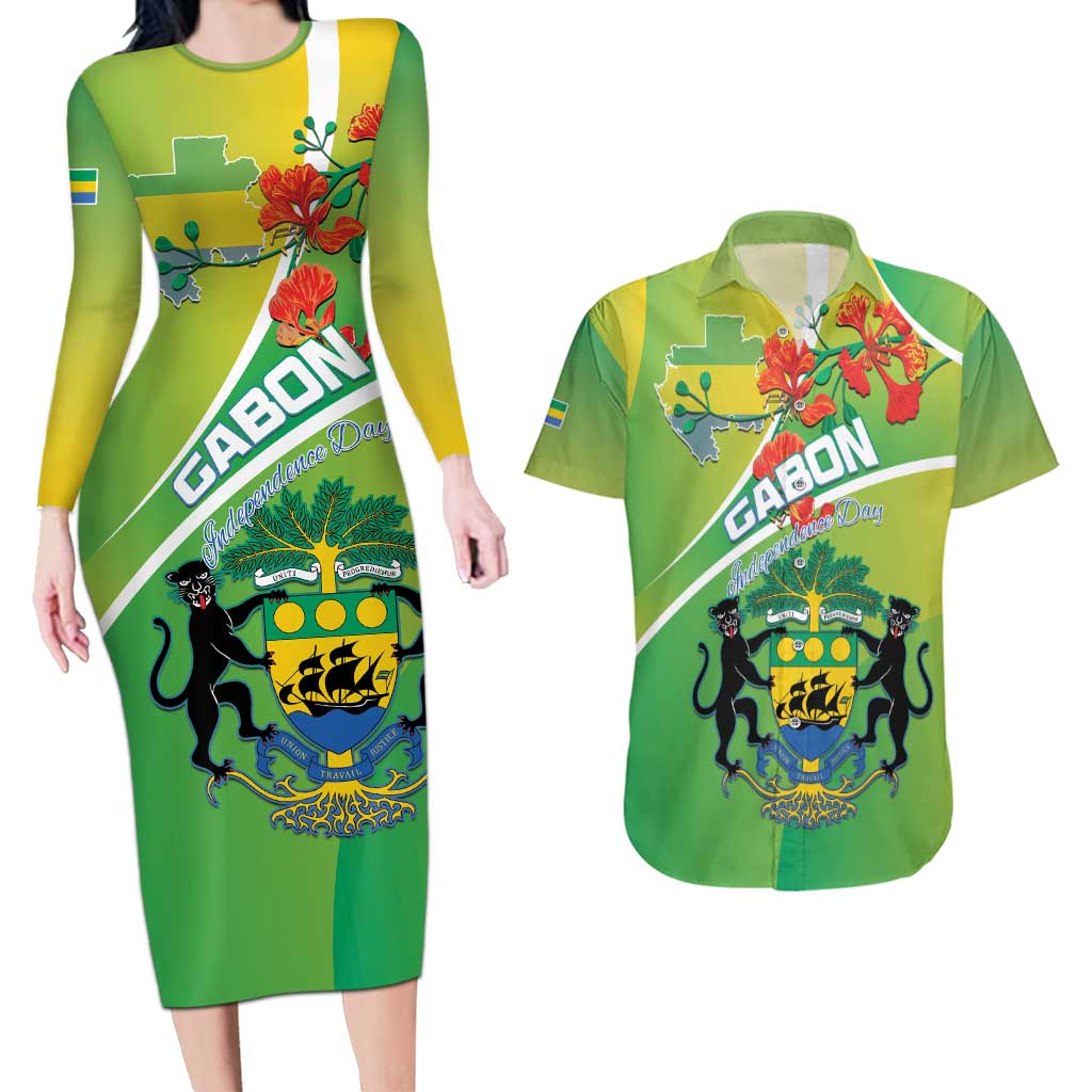 Personalized Gabon Independence Day Couples Matching Long Sleeve Bodycon Dress and Hawaiian Shirt Coat Of Arms With Map - Wonder Print Shop