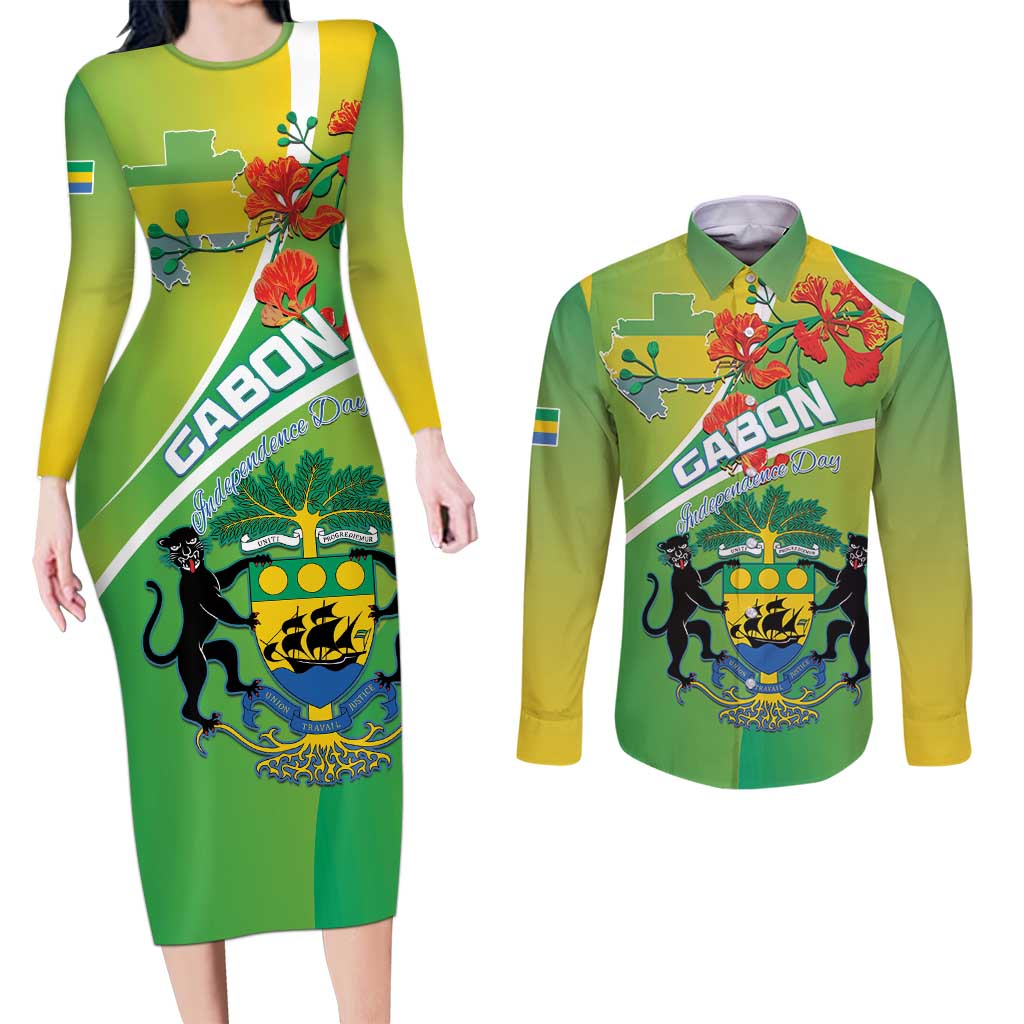 Personalized Gabon Independence Day Couples Matching Long Sleeve Bodycon Dress and Long Sleeve Button Shirt Coat Of Arms With Map - Wonder Print Shop