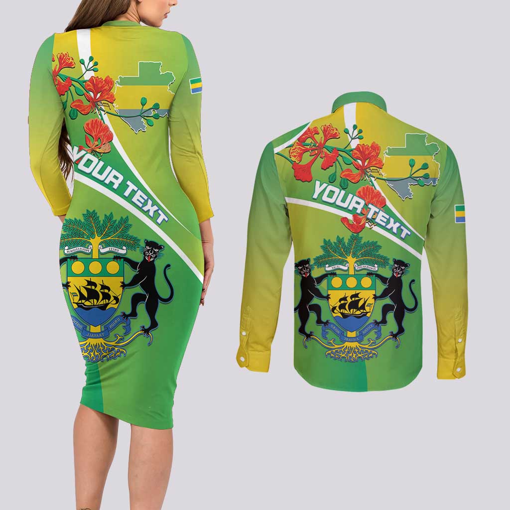 Personalized Gabon Independence Day Couples Matching Long Sleeve Bodycon Dress and Long Sleeve Button Shirt Coat Of Arms With Map - Wonder Print Shop