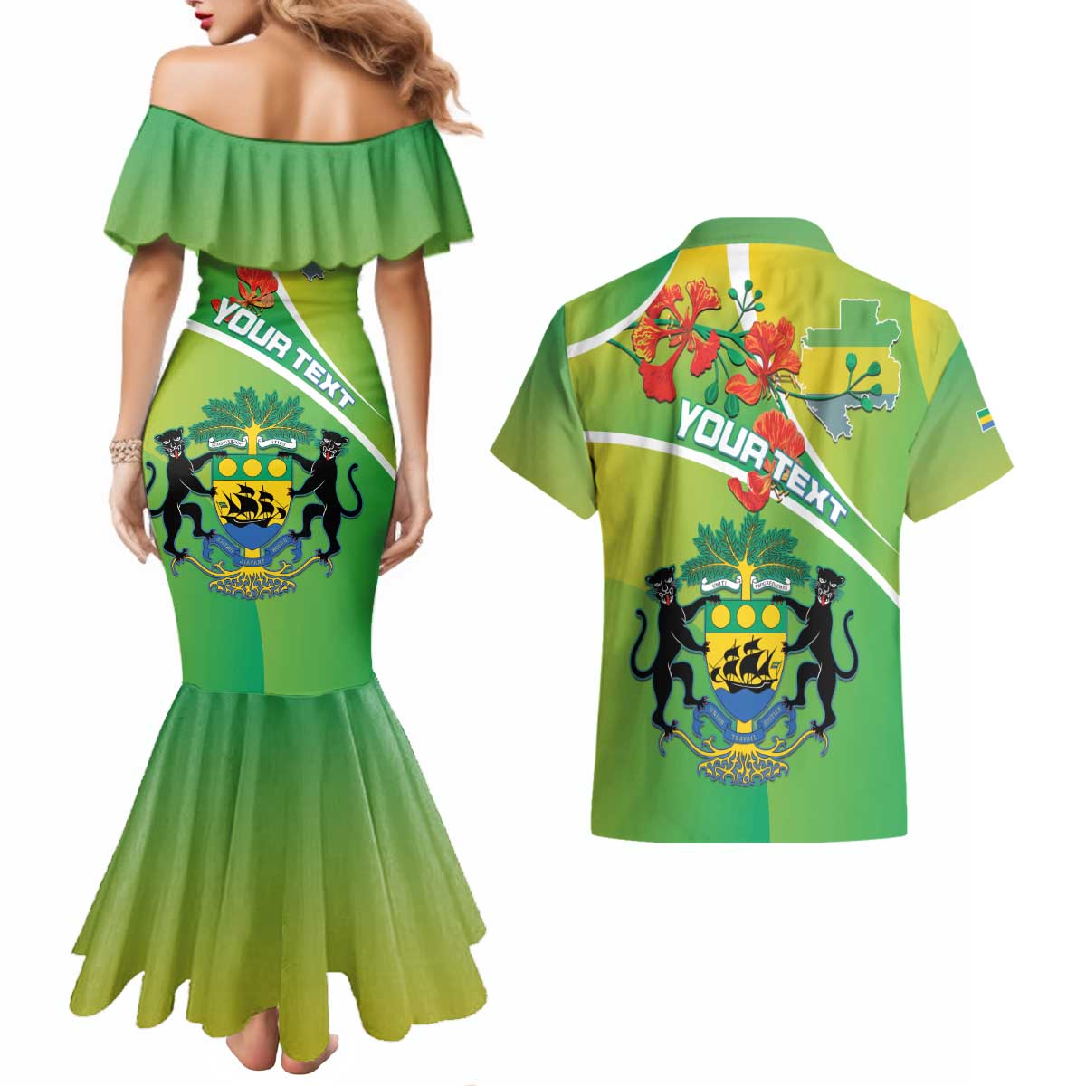 Personalized Gabon Independence Day Couples Matching Mermaid Dress and Hawaiian Shirt Coat Of Arms With Map - Wonder Print Shop