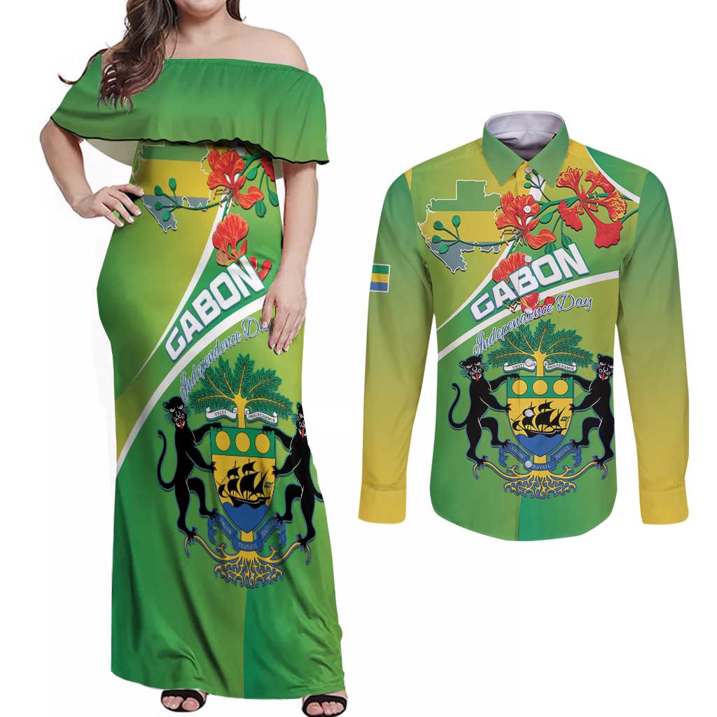 Personalized Gabon Independence Day Couples Matching Off Shoulder Maxi Dress and Long Sleeve Button Shirt Coat Of Arms With Map - Wonder Print Shop