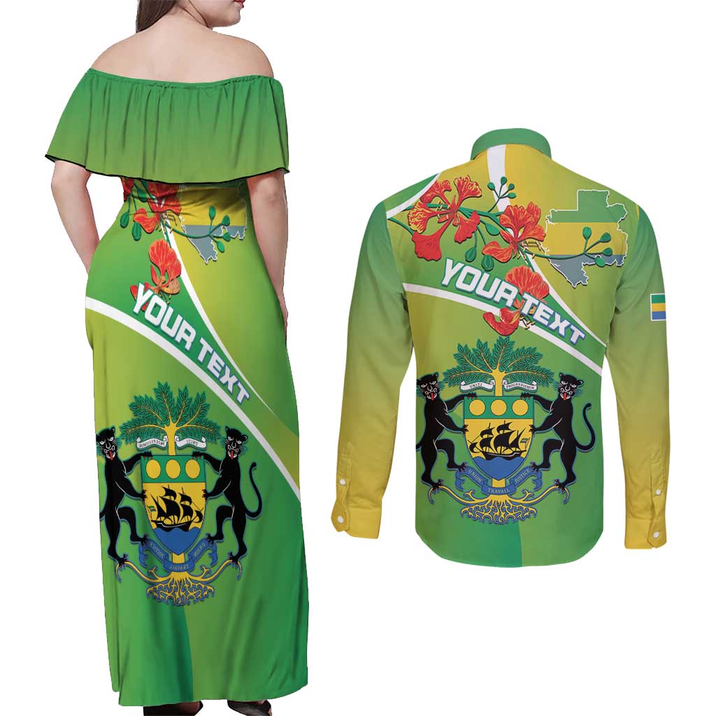 Personalized Gabon Independence Day Couples Matching Off Shoulder Maxi Dress and Long Sleeve Button Shirt Coat Of Arms With Map - Wonder Print Shop