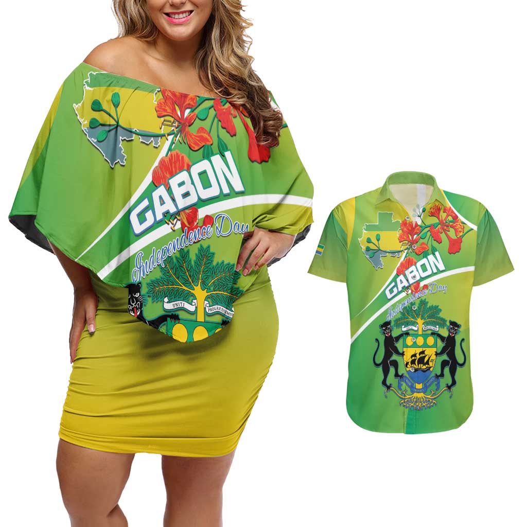 Personalized Gabon Independence Day Couples Matching Off Shoulder Short Dress and Hawaiian Shirt Coat Of Arms With Map - Wonder Print Shop