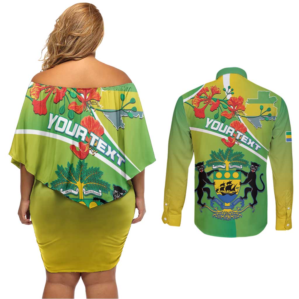 Personalized Gabon Independence Day Couples Matching Off Shoulder Short Dress and Long Sleeve Button Shirt Coat Of Arms With Map - Wonder Print Shop