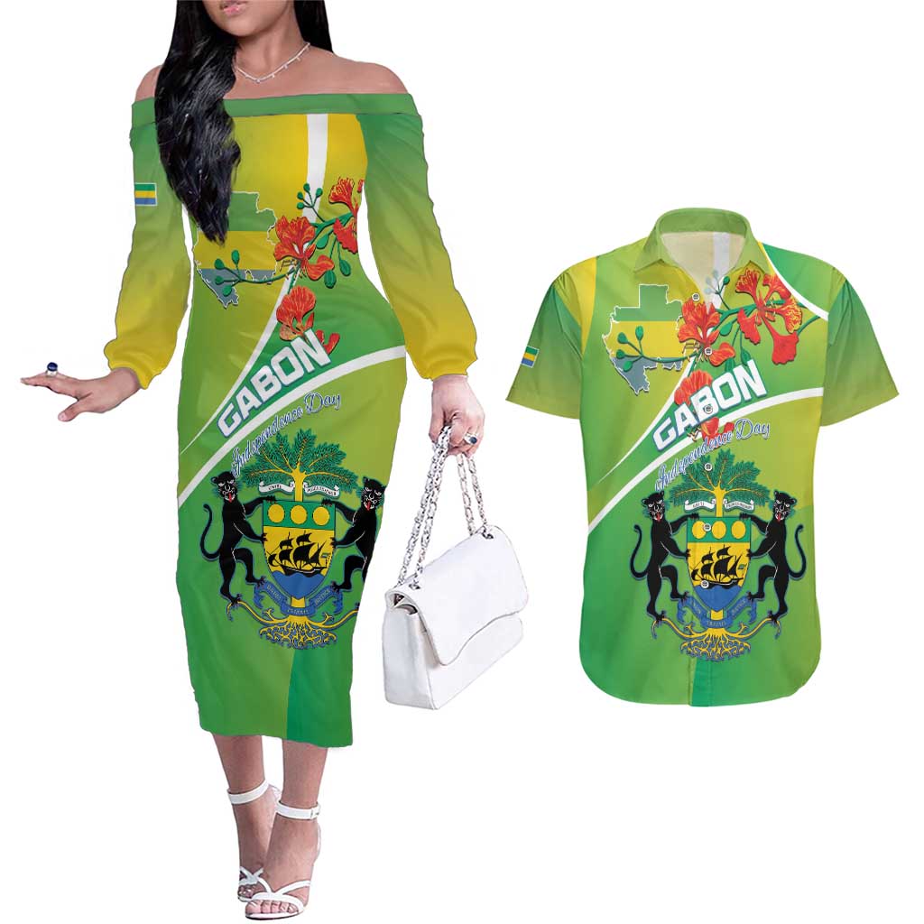 Personalized Gabon Independence Day Couples Matching Off The Shoulder Long Sleeve Dress and Hawaiian Shirt Coat Of Arms With Map - Wonder Print Shop