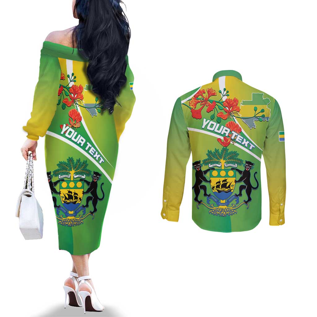 Personalized Gabon Independence Day Couples Matching Off The Shoulder Long Sleeve Dress and Long Sleeve Button Shirt Coat Of Arms With Map - Wonder Print Shop