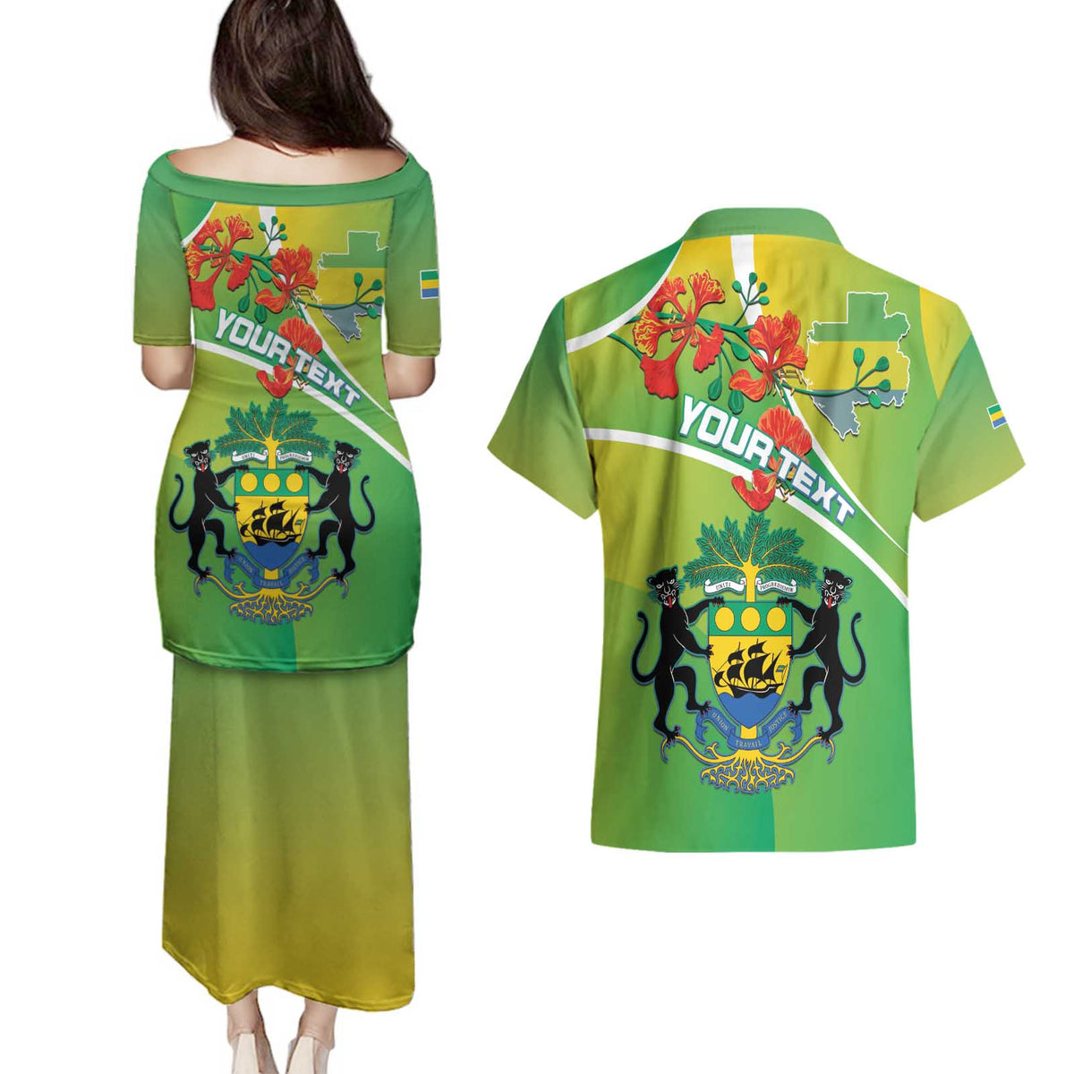 Personalized Gabon Independence Day Couples Matching Puletasi and Hawaiian Shirt Coat Of Arms With Map - Wonder Print Shop
