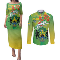 Personalized Gabon Independence Day Couples Matching Puletasi and Long Sleeve Button Shirt Coat Of Arms With Map - Wonder Print Shop