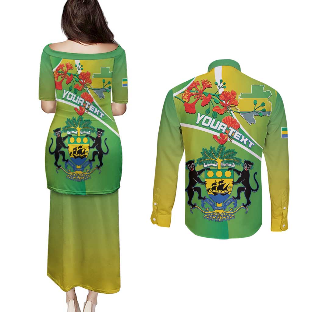 Personalized Gabon Independence Day Couples Matching Puletasi and Long Sleeve Button Shirt Coat Of Arms With Map - Wonder Print Shop