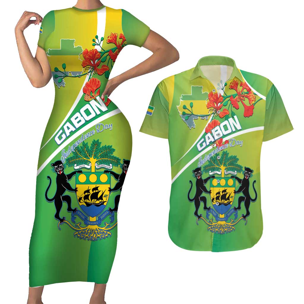 Personalized Gabon Independence Day Couples Matching Short Sleeve Bodycon Dress and Hawaiian Shirt Coat Of Arms With Map - Wonder Print Shop