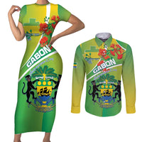 Personalized Gabon Independence Day Couples Matching Short Sleeve Bodycon Dress and Long Sleeve Button Shirt Coat Of Arms With Map - Wonder Print Shop